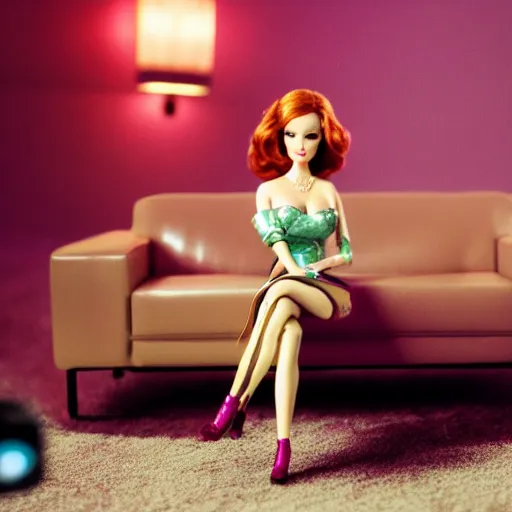 Image similar to amazing beautiful Christina Hendricks barbie doll wearing leather in the living room, film still from the movie directed by Denis Villeneuve , wide lens