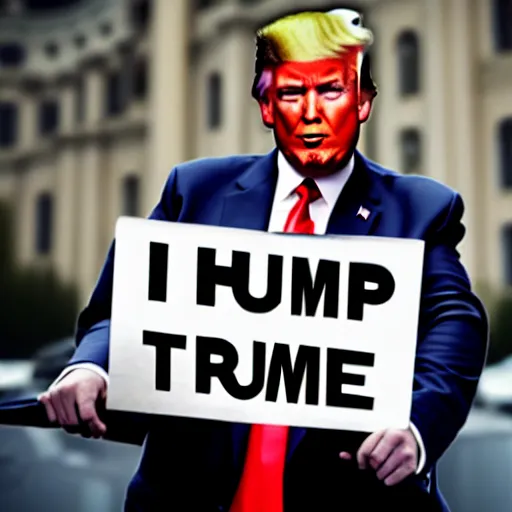 Prompt: a photo of Donald Trump holding a sign saying 'I hate signs !', desaturated photo, cinematic