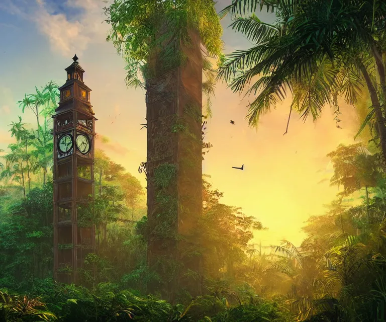 Prompt: a tall clock tower in a jungle!, mist, tropical trees, vines, birds, sunset!, fluffy clouds, warm colors, beautiful lighting, digital art, intricate details, trending on artstation