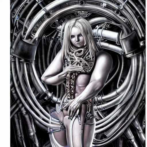 Image similar to britney spears encased in biomechanical machine, heavy conduits, complex scene, rich composition, heavy in detail, corruption, decay, grime, smooth, sharp focus, airbrush, illustration, symmetrical, portrait, art by h. r. giger