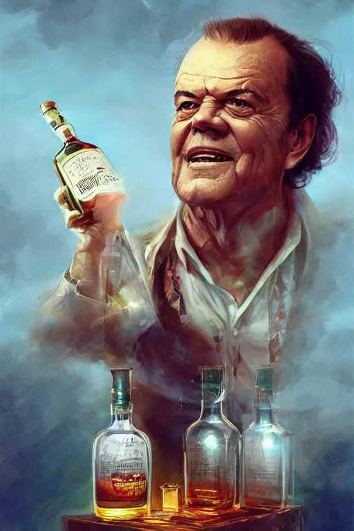 Image similar to a ship in a bottle but instead of a ship it is jack nicholson in the bottle, a young jack nicholson, fancy whiskey bottle, hyper detailed, digital art, artstation, cinematic lighting, studio quality, smooth render, by peter mohrbacher, hajime sorayama, boris vallejo, craig mullins