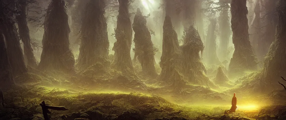 Prompt: A strange forest and space ship on a science-fiction planet, beautiful matte painting, Moebius, frank frazetta, sid mead, thomas kinkade, rodney mathews, trending on artstation
