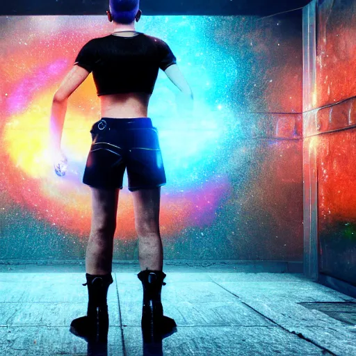 Image similar to A beautiful boy wearing a black mesh crop top and black shorts standing in a mad max cage. The boy is surrounded by a colorful nebula. Cyberpunk, Digital Art, unreal engine 5, 50mm, f2.8