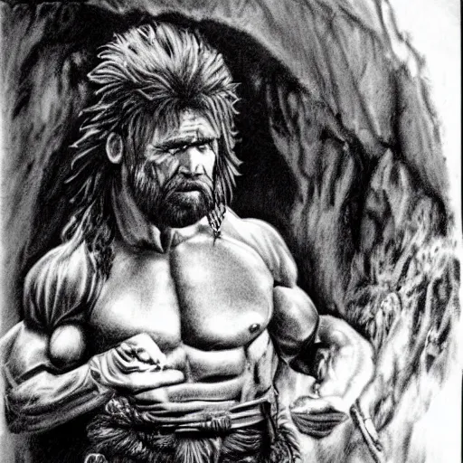 Image similar to a caveman drawing a picture of arnold schwarzengger in a cave, encarving, realistic photograph, very detailed.