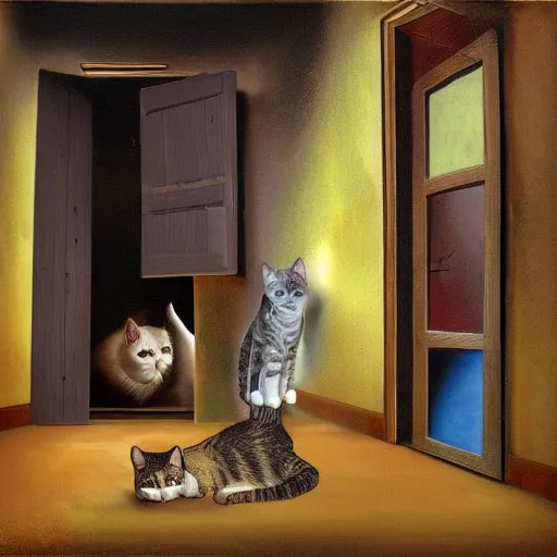 Prompt: a cat in floor inside a dark house, surrealism