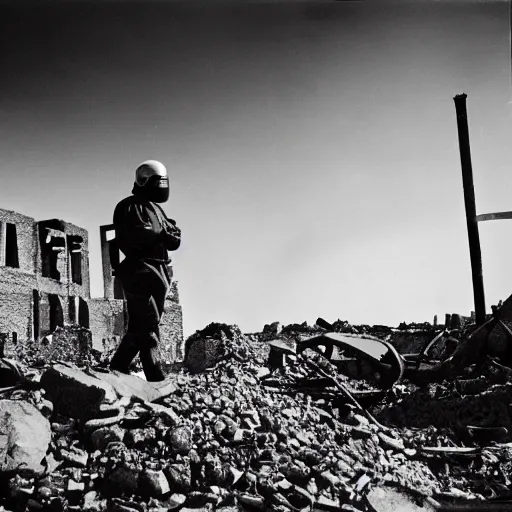 Prompt: a man wearing heavy equipment and a gasmask walking through the remains of an ancient city, dark, surrealist, film still