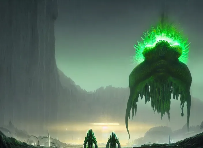 Prompt: giant monstrous green aggressive squid monster towering over man in white armor who has a gleaming sword made of black fire. The foreground is covered by mystical, translucent mist, epic science fiction horror digital matte painting by Simon Stalenhag and Mark Brooks (and Greg Rutkowski), extremely detailed, artstation