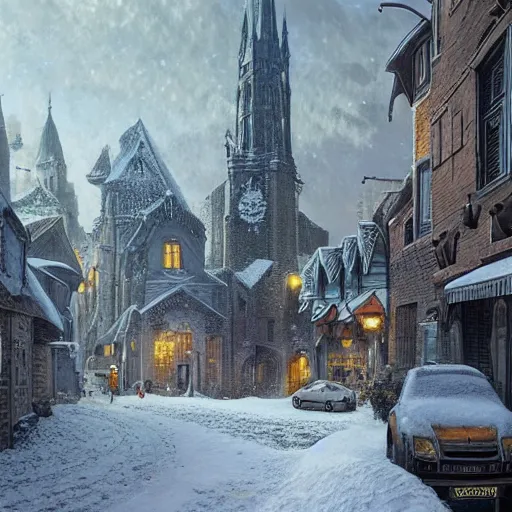 Image similar to an ultra detailed tarot card of the quaint town of galic, grid shaped city cobblestone streets, fantasy city, the morning after a heavy snowfall, wind, inspiring gothic architecture, ultrawide lense, aerial photography, unreal engine, exquisite detail, 8 k, art by greg rutkowski and alphonse mucha