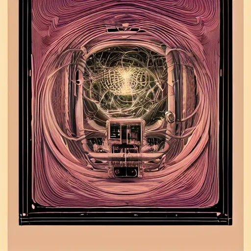 Image similar to photograph of a pastel screen print of a world locked in a mechanical box. Printed on thick paper of album artwork for the band TOOL designed by Ash Thorp.