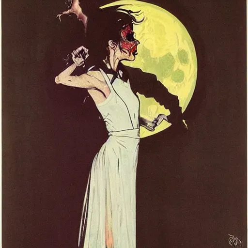 Prompt: style of Norman Rockwell and Rafael Albuquerque comic book art:: ghastly full face woman, scary horrible witch look on face, screaming angry:: extremely long nails, red:: female ghost with white dress:: floating over a lake:: night time, dark, full moon::2 scary terrifying horror::