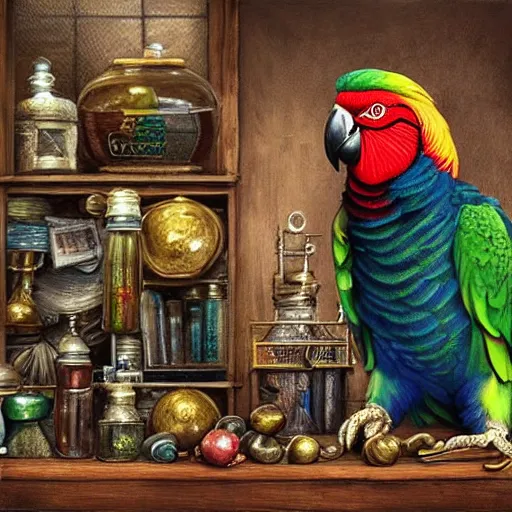 Image similar to Anthropomorphized parrot trader in his shop, selling his wares, portrait, items, magic potions, carpet, window, sly expression , cunning expression, cute expression, blue eyes, long thick shiny gold beak, presenting wares, holding a gold bag, D&D, fantasy, cinematic lighting, highly detailed, digital painting, artstation, concept art, smooth, sharp focus, illustration, warm light, cozy warm tint, magic the gathering artwork, volumetric lighting, 8k, art by Akihiko Yoshida, Greg Rutkowski