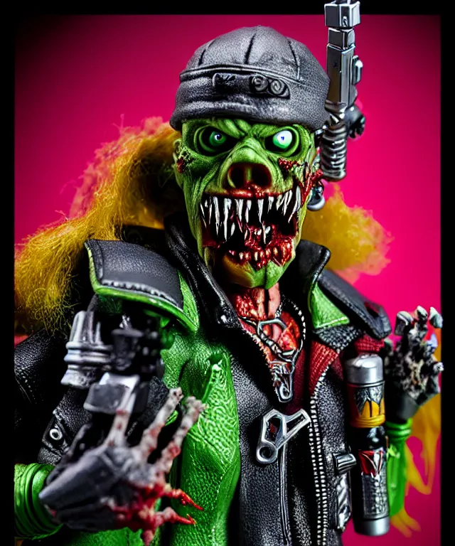 Image similar to hyperrealistic rendering, punk rock zombie is motu action figure, product photography