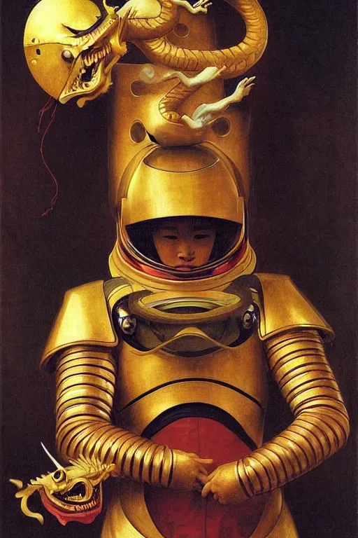 Image similar to portrait of a astronaut is a chinese dragon in armor and helmet, majestic, solemn, by bouguereau