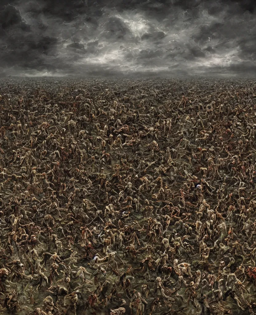 Image similar to endless field stretching to the horizon made from rotten bloody corpses of Nicolas Cage, body horror, flesh, blood, grotesque hell, highly detailed, vivid colors, dark shadows, contrast, concept art, sharp focus, digital art, Hyper-realistic, 4K, Unreal Engine, Highly Detailed, Dramatic Lighting, Beautiful, by Brom, bastien lecouffe-deharme