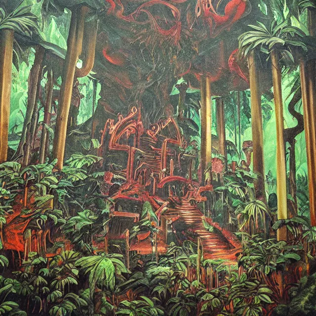 Prompt: blood temple in a jungle painting