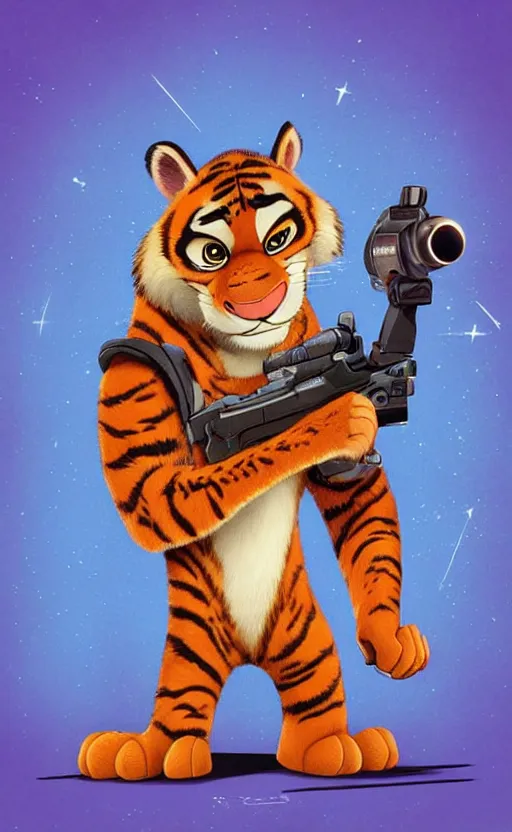 Image similar to “portrait of tiger in the style of the movie zootopia holding a laser gun, with a dark background behind him”