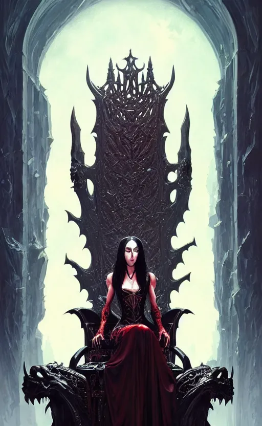 Image similar to desirable Vampire lord sitting on a skull throne, undead knights around her, fantasy, intricate, elegant, highly detailed, digital painting, artstation, concept art, matte, sharp focus, illustration, art by artgerm and Greg Rutkowski, dreadjim, zeen chin