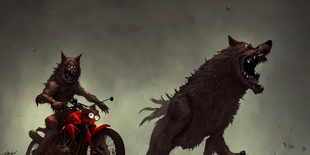 Prompt: Crazy werewolf with crazy red riding hood riding motorbikes, level design, Greg Rutkowski, artstation, CGSociety, Unreal Engine, matte paiting, ultra realistic, award winning, artstation, unreal render