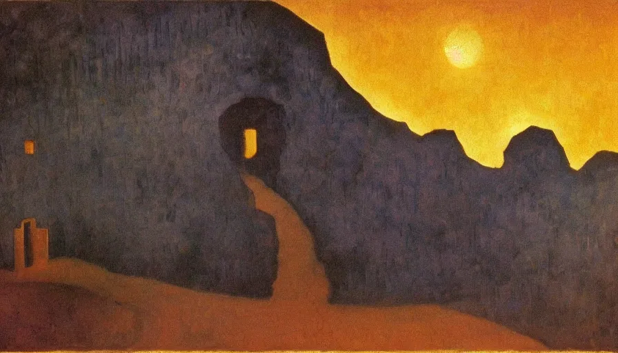 Image similar to a detailed oil painting of dark eerie ominous cave, prison cell, by nicholas roerich, by frank frazetta, by seurat, by hans emmenegger, by bruce pennington, by eyvind earle, moisture, grainy, highly detailed, realistic, outline, line,