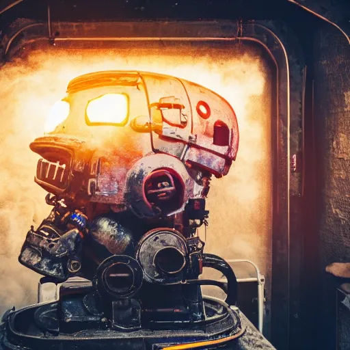 Prompt: toaster oven mecha head, dark messy smoke - filled cluttered workshop, dark, dramatic lighting, orange tint, sparks, cinematic, highly detailed, sci - fi, futuristic, movie still