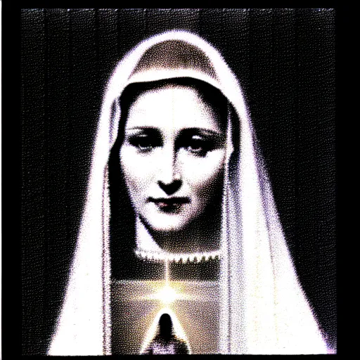 Image similar to marian apparition, found footage, vhs, 1 9 9 0, beautiful, highly realistic, highly detailed, vhs noise static, black and white, vhs glitch