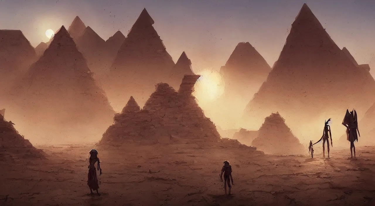 Image similar to egyptian landscape, desert, zombies, by studio ghibli and greg rutkowski,