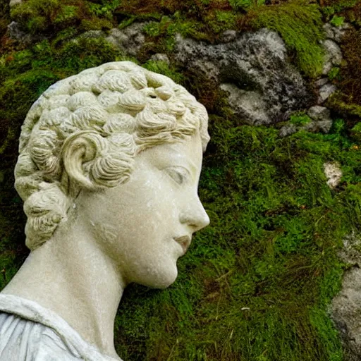 Prompt: a sculpture of a beautiful woman's head as an intricate, delicate tracery of stone, forming a beautiful ancient monument, slowly being covered by moss and lichen