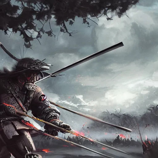 Prompt: detailed detailed digital art of a battlefield between samurai, trending on artstation