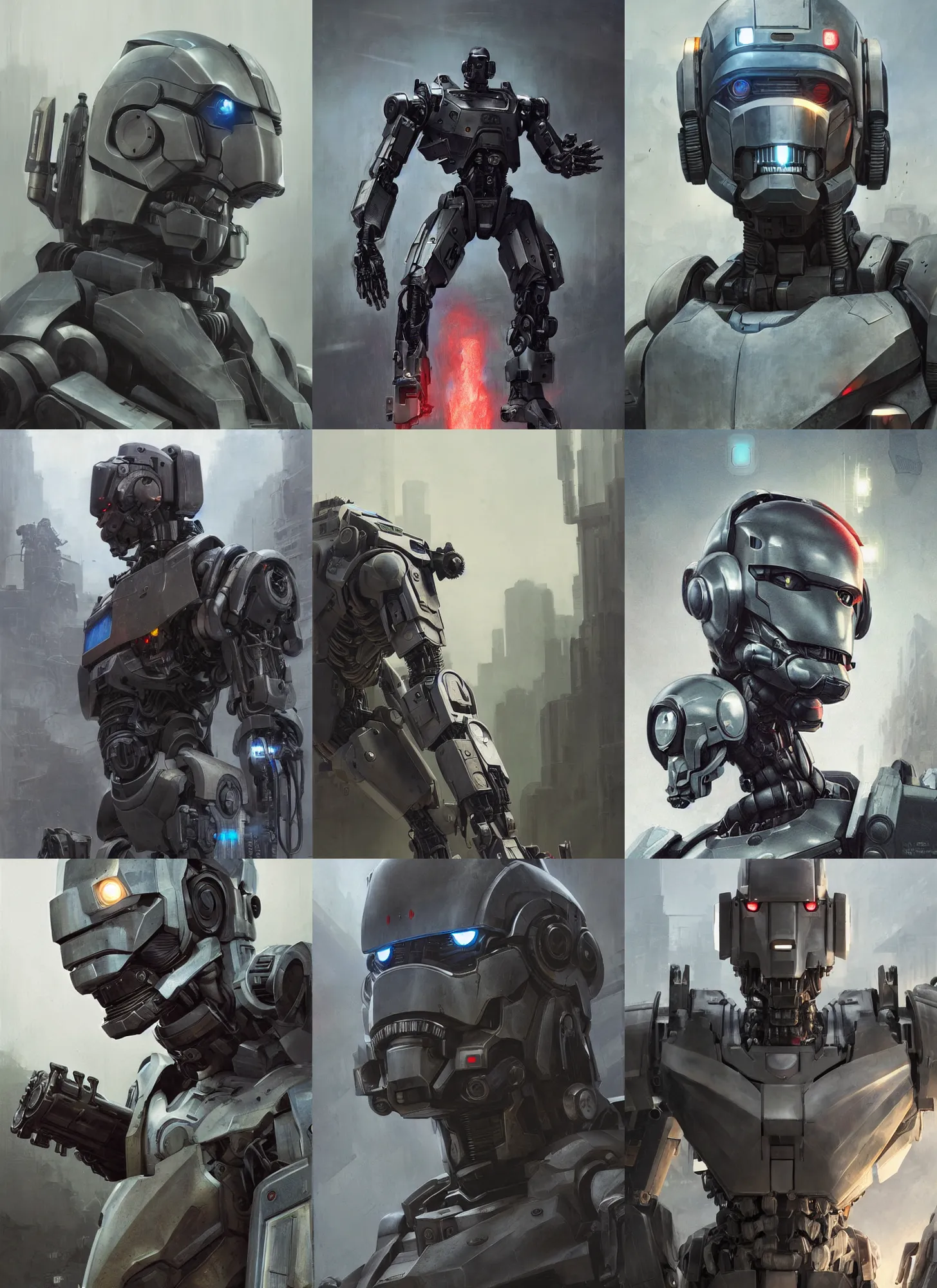 Prompt: portrait of chappie, mechanized police infantry, tactical, android, strogg, face of a man, robocop, cable, victor stone, ultron, officer, machine, scout police robot, symmetry, symmetrical, concept art by ruan jia and greg rutkowski