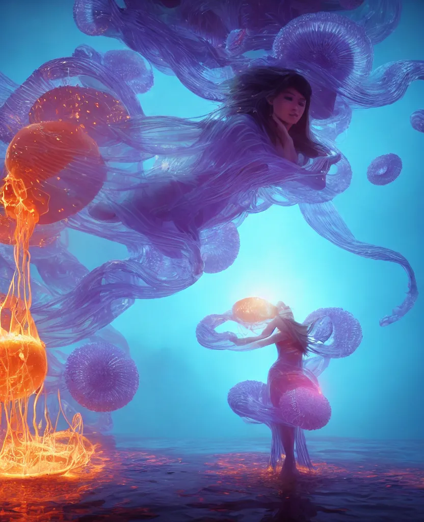 Image similar to close-up portrait of a beautiful princess floating in ethereum surrounded by floating jellyfish, energy flows of fire and water, flashes of plasma, 3d with depth of field, blurred background, a highly detailed epic cinematic concept art CG render. made in Maya, Blender and Photoshop, octane render, excellent composition, cinematic dystopian brutalist atmosphere, dynamic dramatic cinematic lighting, aesthetic, very inspirational, arthouse. y Greg Rutkowski, Ilya Kuvshinov, WLOP, Stanley Artgerm Lau, Ruan Jia and Fenghua Zhong