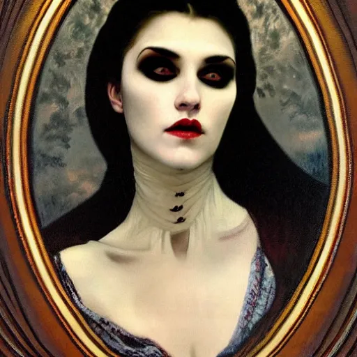 Prompt: A beautiful painting of a lady vampire, victorian, dracula, ominous, oil on canvas, photorealism, alphonse mucha, caravaggio, irwin penn, high definition, soft light