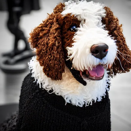 Image similar to a closeup photorealistic photograph of a cute smiling knitted bernedoodle judge dog dressed in a black gown, presiding over the courthouse. indoor image, professional capture, well lit shot. this 4 k hd image is trending on artstation, featured on behance, well - rendered, extra crisp, features intricate detail, epic composition and the style of unreal engine.