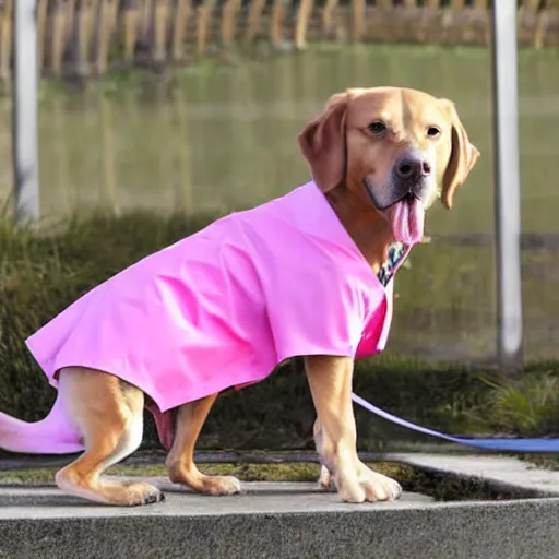 Prompt: a dog with a pink lab coat, stock photo