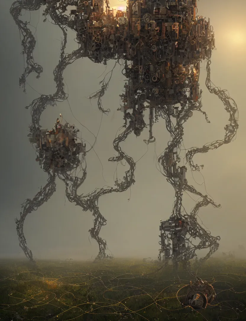 Image similar to a walking mechanical castle with legs, vines, pilar, hyperrealistic, highly detailed, cinematic, single ray of sun, fog, beautiful, cgssociety, artstation, 8 k, oil painting