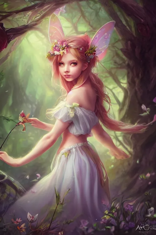 Image similar to a cute fairy in the dreamy forest, fantasy, 8 k resolution, hyper detailed, d & d, character design, digital painting, trending on artstation, sharp focus, illustration, art by artgerm, steve zheng, fuji choko, viktoria gavrilenko, hoang lap