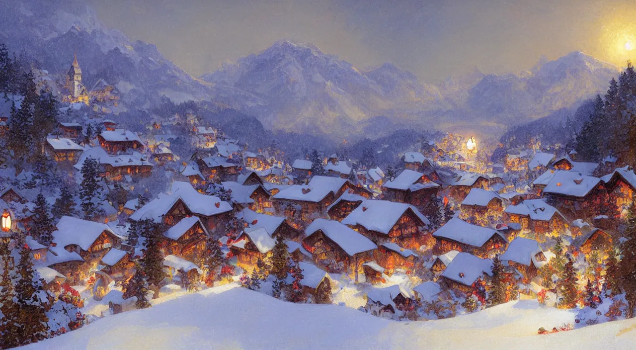 Image similar to A beautiful landscape painting of a small swiss mountain village in the snow at night at Christmas by Alfons Maria Mucha and Julie Dillon and Makoto Shinkai