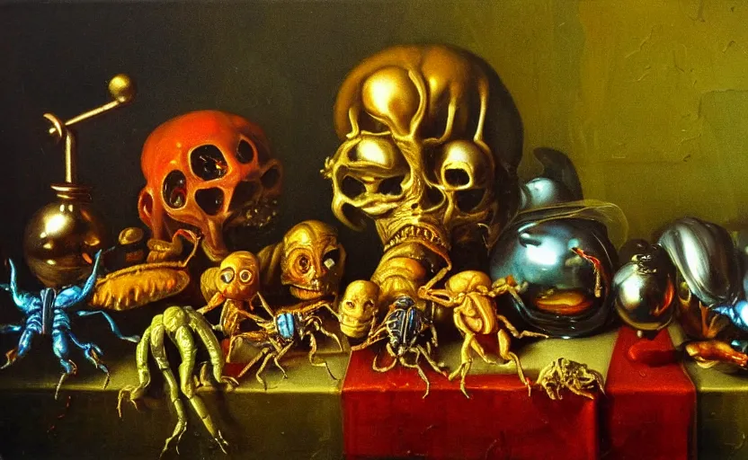 Image similar to disturbing colorful oil painting dutch golden age vanitas still life with bizarre humanoid faces strange objects shiney gooey surfaces shiny metal bizarre insects rachel ruysch dali todd schorr very detailed perfect composition rule of thirds masterpiece canon 5 0 mm, cinematic lighting, photography, retro, film, kodachrome