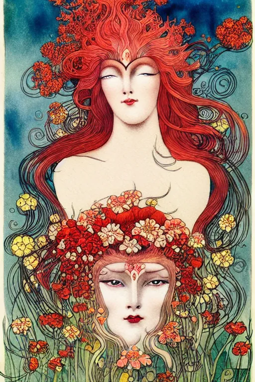 Prompt: realistic face of nature goddess with red hair with flowers and flames growing around, flower frame, detailed art by kay nielsen and walter crane, illustration style, watercolor