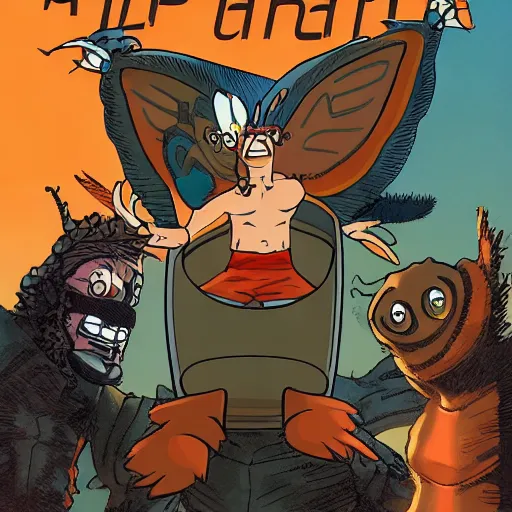 Image similar to ripped physique winged man Norm MacDonald disguised as a mothra whilst wearing a traffic cone hat cliff chiang roc upchurch brian k. vaughan vanesa r. del ray joelle jones mike mignola