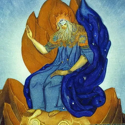 Image similar to what looked like a throne of lapis lazuli, and high above on the throne was a figure like that of a man. waist up, he looks like glowing metal, as if full of fire, and that from there down he looked like fire ; and brilliant light surrounded him. like the appearance of a rainbow in the clouds on a rainy day.