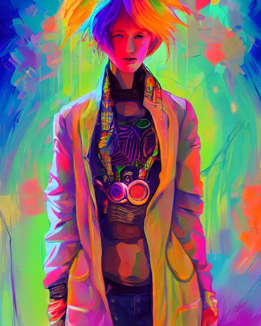 Prompt: colorful character portrait of a non - binary hippie, set in the future 2 1 5 0 | highly detailed face | very intricate | symmetrical | cinematic lighting | award - winning | painted by mandy jurgens | pan futurism, dystopian, bold colors, cyberpunk, groovy vibe, anime aesthestic | featured on artstation
