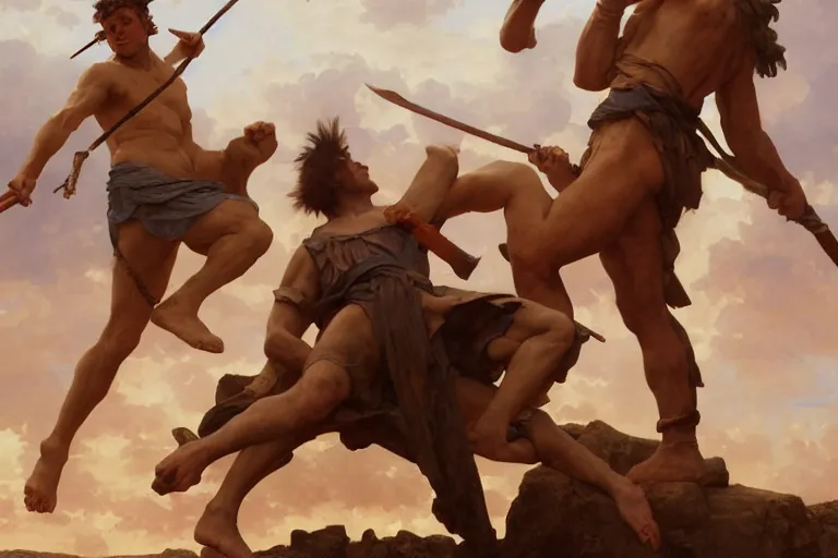 Image similar to ancient historically accurate depiction of the Bible duel bettween the shepherd boy david and Goliath of Gath, the Philistine warrior giant, by frank miller, illustration by Ruan Jia and Mandy Jurgens and William-Adolphe Bouguereau, Artgerm, 4k, digital art, surreal, space dandy style, highly detailed, godsend, artstation, digital painting, concept art, smooth, sharp focus, illustration by Ruan Jia and Mandy Jurgens and William-Adolphe Bouguereau, Artgerm