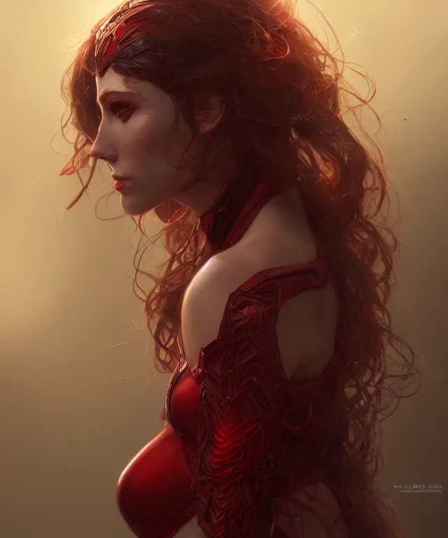 Image similar to Scarlet Witch, au naturel, hyper detailed, digital art, trending in artstation, cinematic lighting, studio quality, smooth render, unreal engine 5 rendered, octane rendered, art style by klimt and nixeu and ian sprigger and wlop and krenz cushart