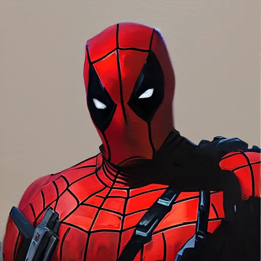 Image similar to greg manchess portrait painting of an armored dark deadpool iron spiderman as overwatch character, medium shot, asymmetrical, profile picture, organic painting, sunny day, matte painting, bold shapes, hard edges, street art, trending on artstation, by huang guangjian, gil elvgren, ruan jia, greg rutkowski, gaston bussiere