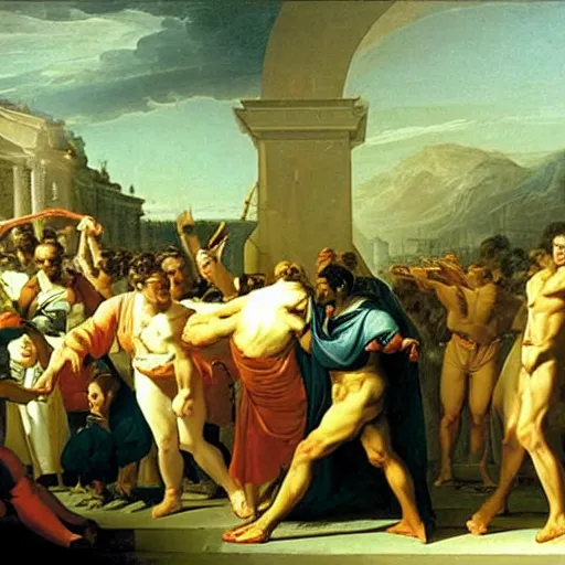 Prompt: Viktor Orbán fights the Utilities Demon in a Neoclassicist painting by Jacques-Louis David, 1860