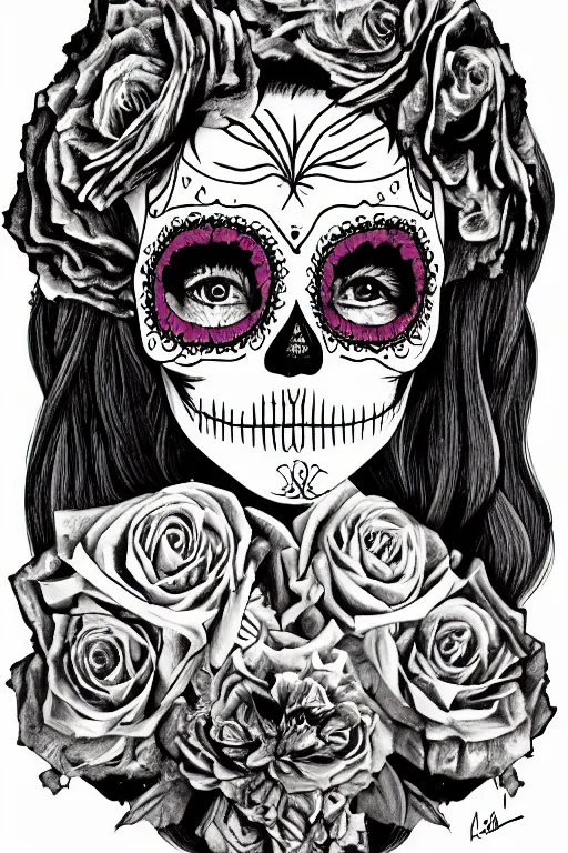 Prompt: illustration of a sugar skull day of the dead girl, art by vincent locke
