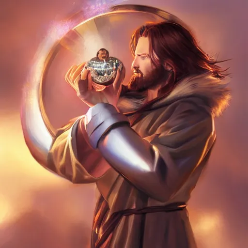 Image similar to semi realistic Sonic Jesus christ holding a shiny Sacred Ring, by Stanley Artgerm Lau, WLOP, Rossdraws, James Jean, Andrei Riabovitchev, Marc Simonetti, Yoshitaka Amano, ArtStation, CGSociety,