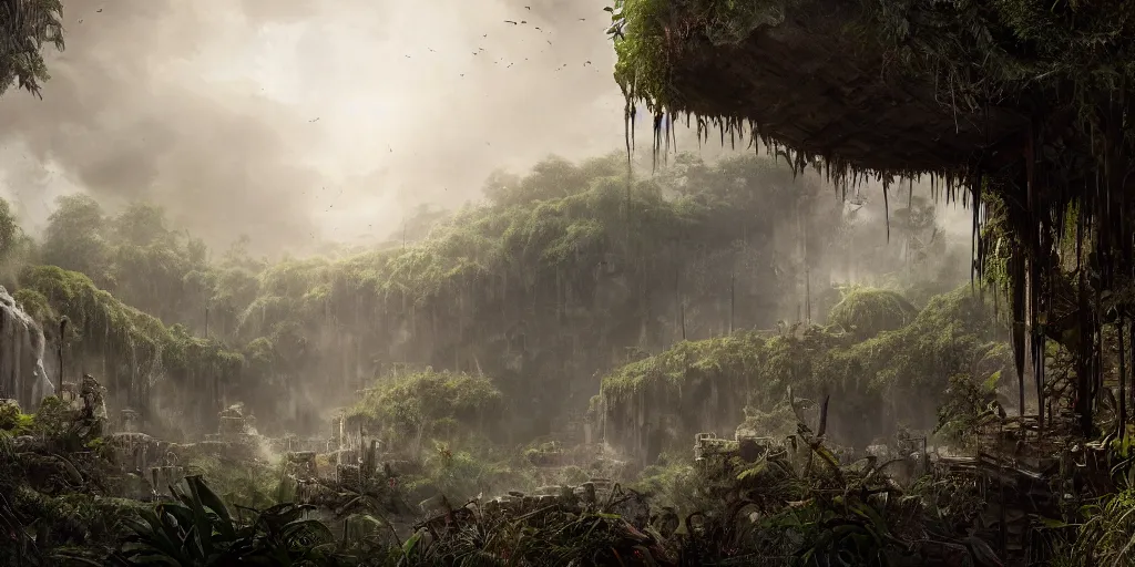 Prompt: An epic matte painting of an overgrown coloseum in the jungle, dark, mysterious, intricate, gorgeous, tropical, stunning, 4k resolution, featured on artstation, f16