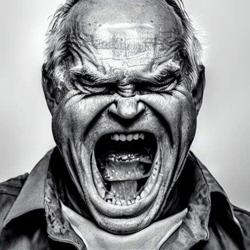 Image similar to insane old man in dark steel menace complex mouth