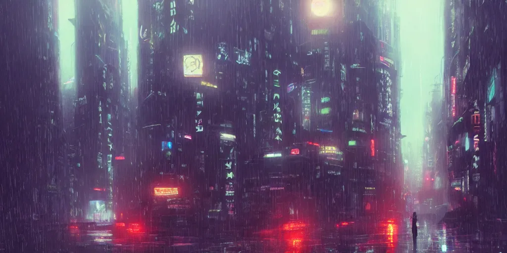 Image similar to bladerunner city, Makoto Shinkai, filmed, flying cars, raining, night, trending on ArtStation, oppressive lighting, trending on artstation, very detailed